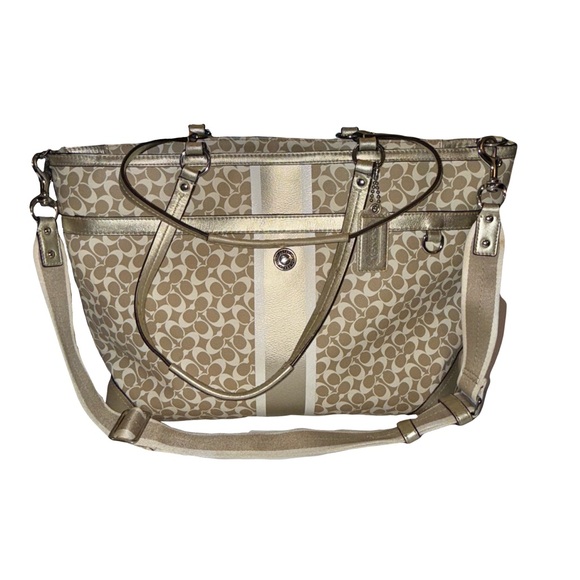 Chelsea Large Gold Coated Canvas and Leather Heritage Stripe Diaper Bag Handbag - Picture 1 of 10